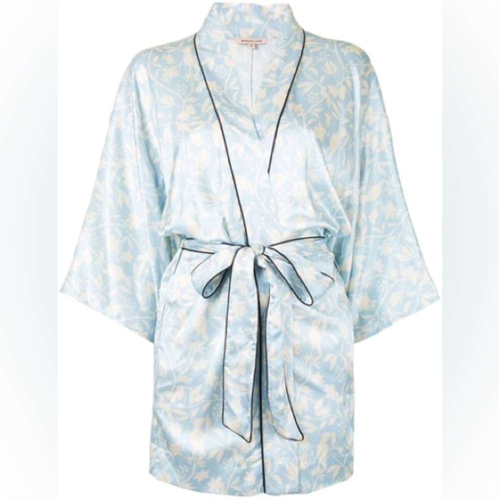 Morgan Lane Nia Robe in Sky Blue Floral Silk Satin Sz XS/S NWT